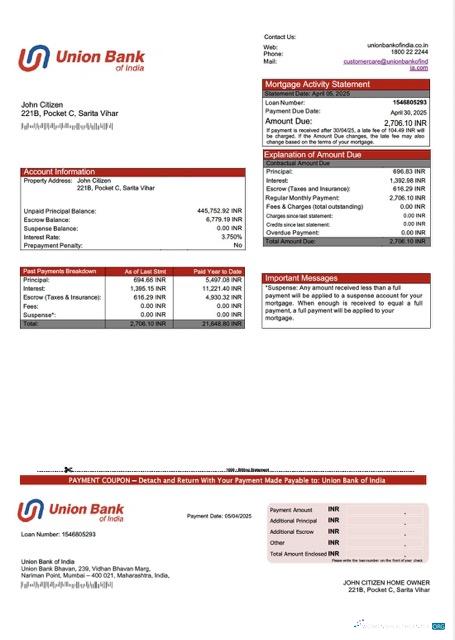 Download India Union Bank of India mortgage statement Word and PDF template Photoshop template